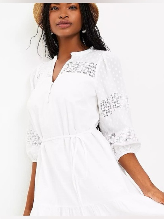 LOFT Dresses & Skirts - Loft Ann Taylor White dotted lace trim flounce swing dress vacation